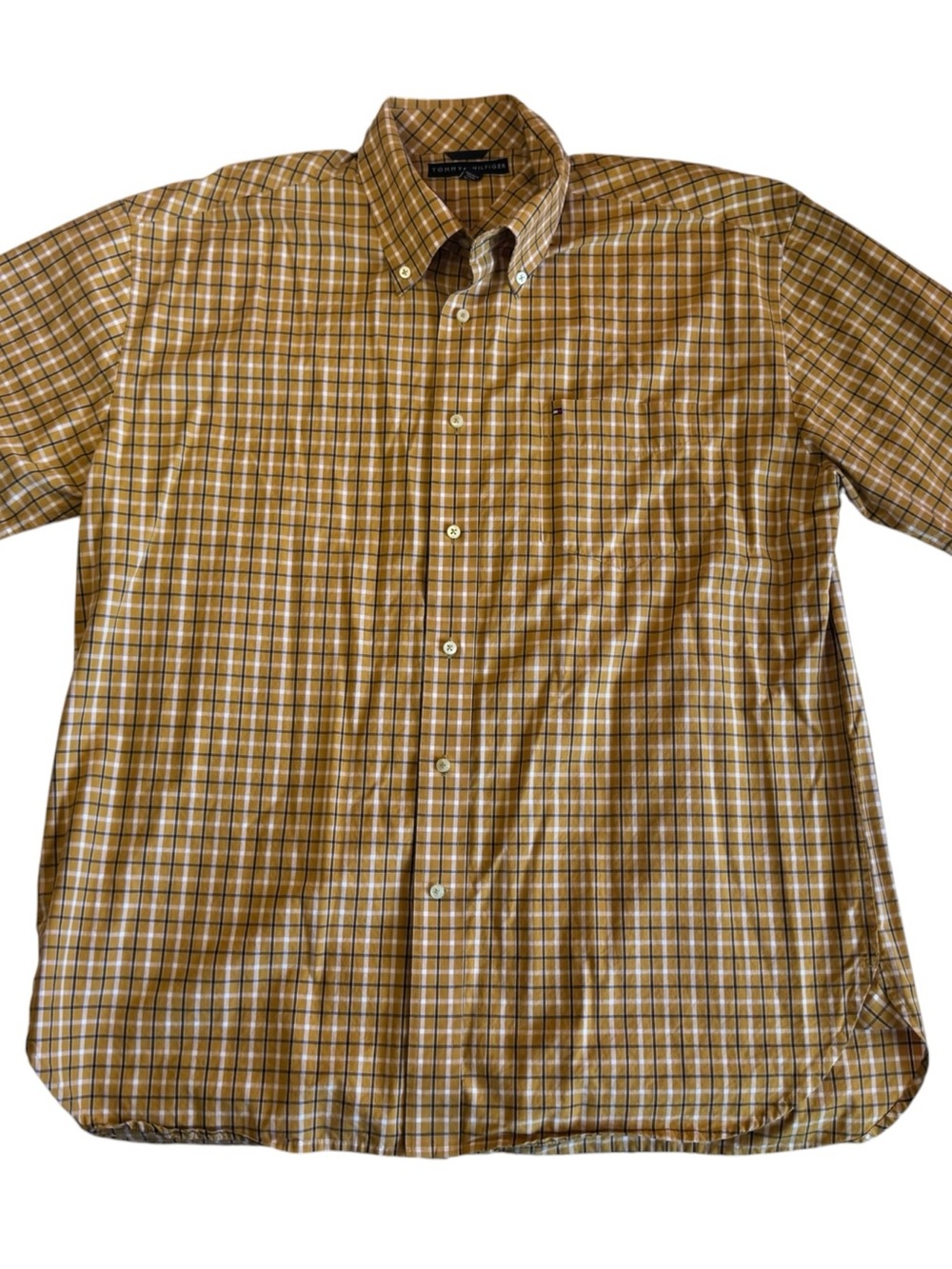 Vintage Tommy Hilfiger Men’s XL Plaid Shirt Mustard Yellow Short Sleeve Taiwan